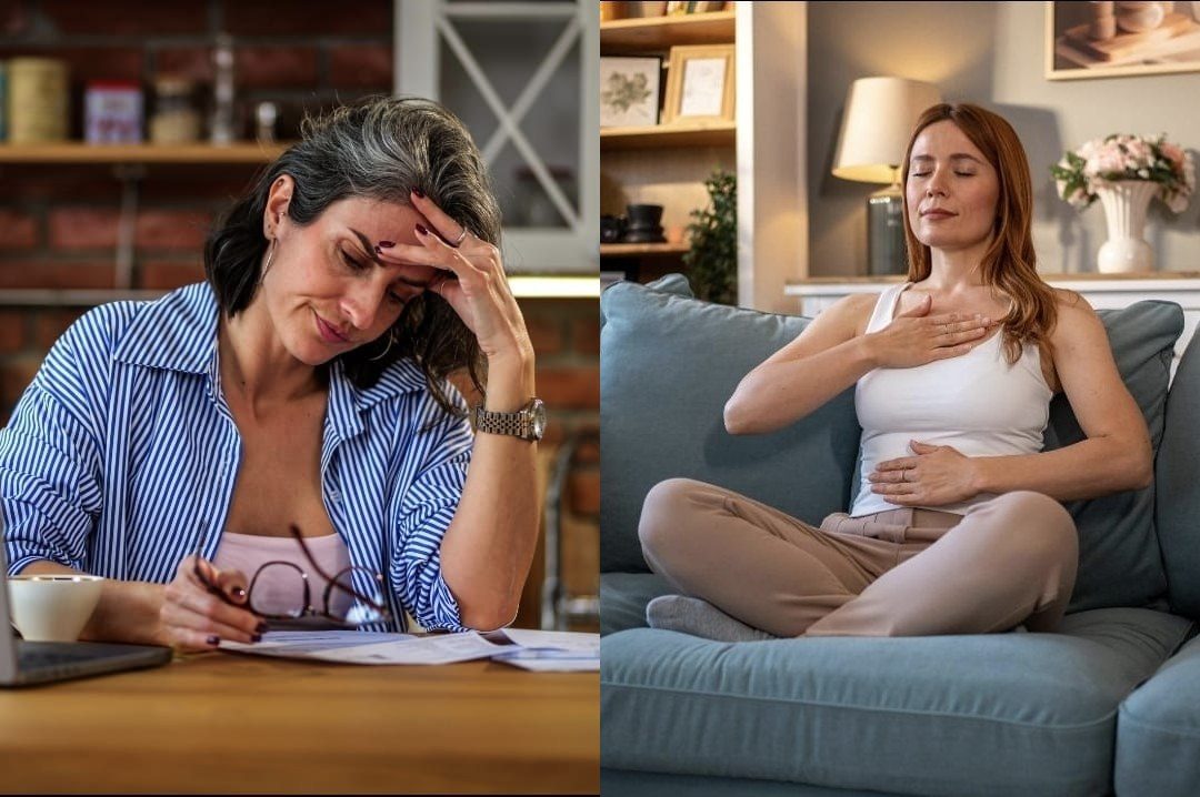 À esquerda, mulher à mesa da cozinha com a mão na cabeça, cansada. À direita, mulher no sofá de olhos fechados, com uma mão no peito e outra na barriga, respirando com calma