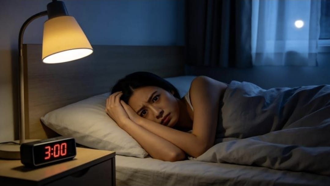 Mulher acordada na cama durante a noite, com o celular iluminando o rosto